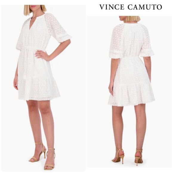 Vince Camuto Cotton Eyelet Tasseled Drawstring Dress Size 10 - Picture 1 of 16